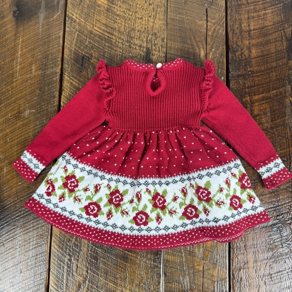 Max Studio Baby Girls Knit Dress Red Floral Fair Isle Sweater Dress 3-6 Months - Picture 5 of 6